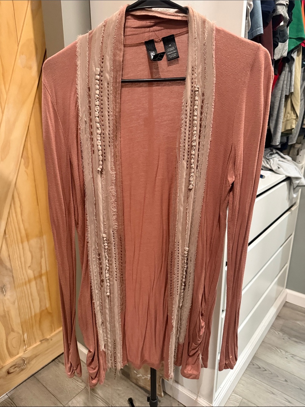 BKE Dusty Rose Open-Front Beaded Trim Cardigan